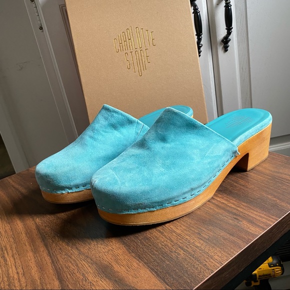 Turquoise Suede Clogs - Picture 1 of 5